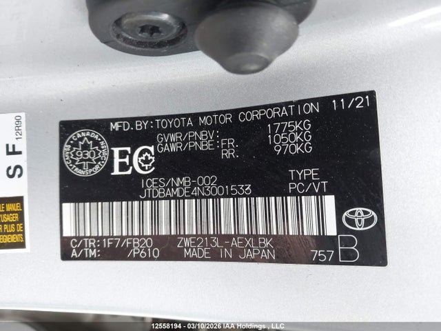 2022 Toyota Corolla მანქანა იყიდება აუქციონზე, vin: JTDBAMDE4N3001533, აუქციონის ნომერი: 12558194