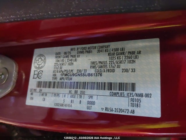 Aukcja sprzedaży 2025 Ford Escape Active, vin: 1FMCU9GN5SUB61376, numer aukcji: 12558212