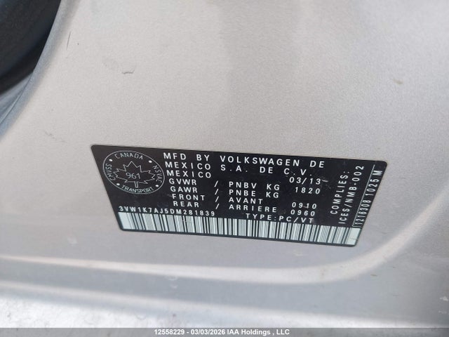 12558229 :رقم المزاد ، 3VW1K7AJ5DM281839 vin ، 2013 Volkswagen Jetta S مزاد بيع