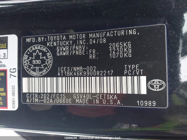 Aukcja sprzedaży 2009 Toyota Camry Se/le/xle, vin: 4T1BK46K99U082217, numer aukcji: 12558235