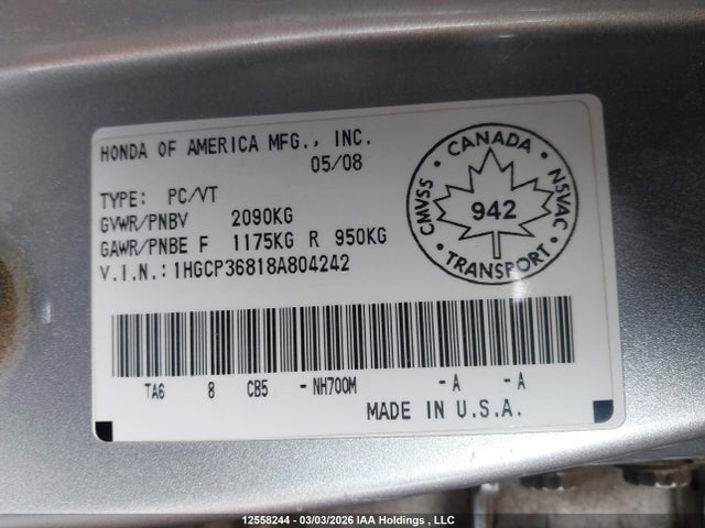 Aukcja sprzedaży 2008 Honda Accord, vin: 1HGCP36818A804242, numer aukcji: 12558244