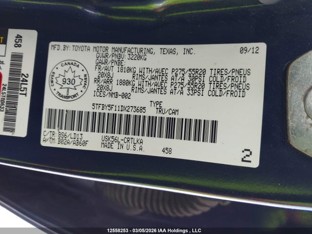 Aukcja sprzedaży 2013 Toyota Tundra Limited 5.7l V8, vin: 5TFBY5F11DX273685, numer aukcji: 12558253