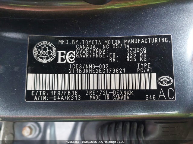 12558257 :رقم المزاد ، 2T1BURHE2EC179821 vin ، 2014 Toyota Corolla مزاد بيع