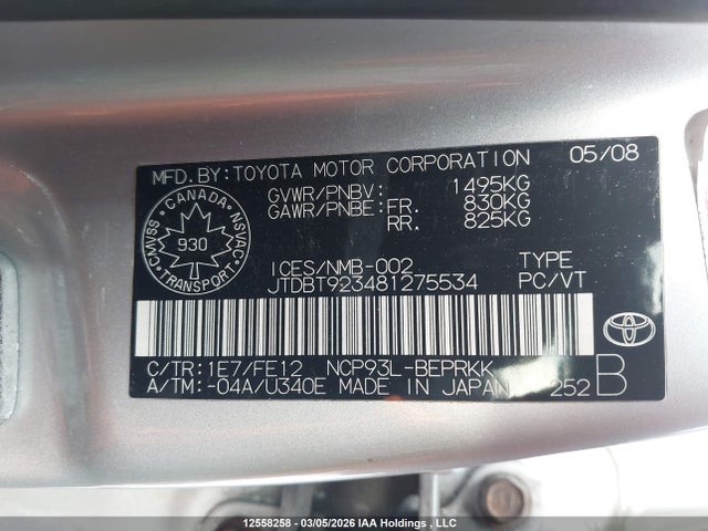 2008 Toyota Yaris მანქანა იყიდება აუქციონზე, vin: JTDBT923481275534, აუქციონის ნომერი: 12558258