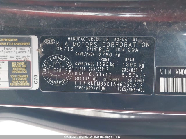 KNDMB5C15H6252512 KIA SEDONA LX