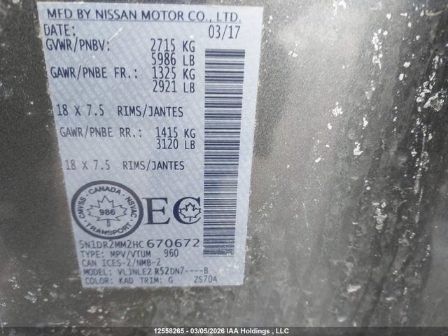 Продажа на аукционе авто 2017 Nissan Pathfinder, vin: 5N1DR2MM2HC670672, номер лота: 12558265
