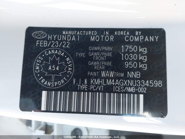 KMHLM4AGXNU334598 Hyundai Elantra