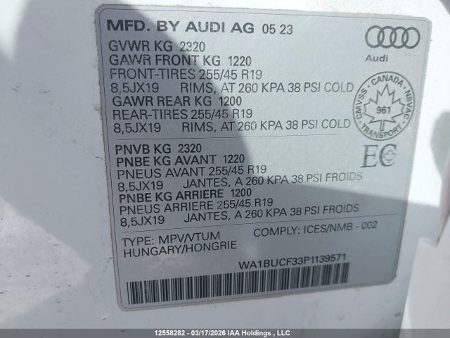 12558282 :رقم المزاد ، WA1BUCF33P1139571 vin ، 2023 Audi Q3 مزاد بيع