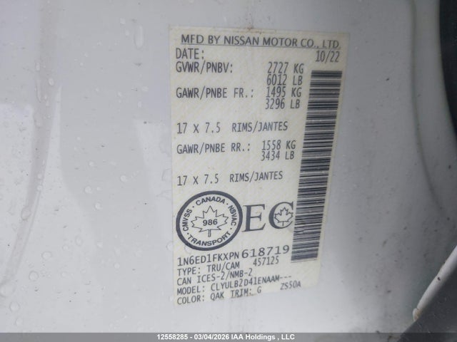 1N6ED1FKXPN618719 Nissan Frontier Sv