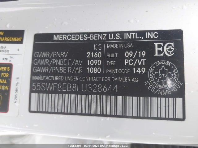 Aukcja sprzedaży 2020 Mercedes-benz C 300 4matic, vin: 55SWF8EB8LU328644, numer aukcji: 12558298