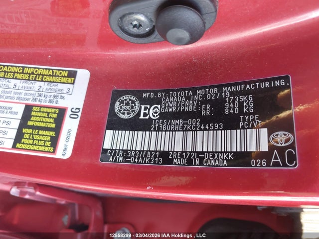 12558299 :رقم المزاد ، 2T1BURHE7KC244593 vin ، 2019 Toyota Corolla L/le/xle/se/xse مزاد بيع