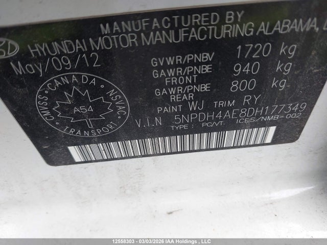 Aukcja sprzedaży 2013 Hyundai Elantra Limited, vin: 5NPDH4AE8DH177349, numer aukcji: 12558303