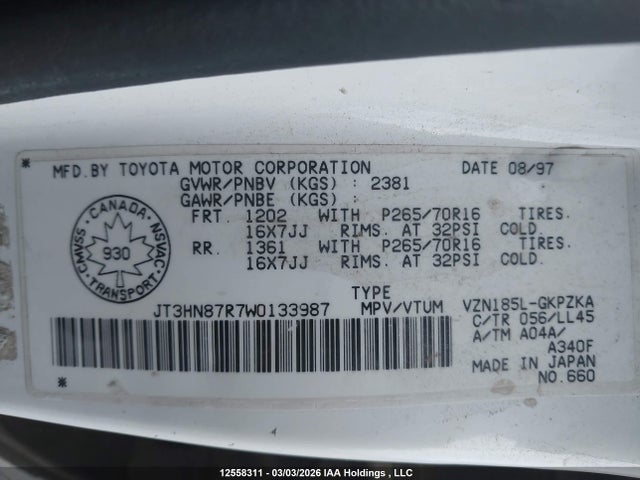 12558311 :رقم المزاد ، JT3HN87R7W0133987 vin ، 1998 Toyota 4runner Limited مزاد بيع