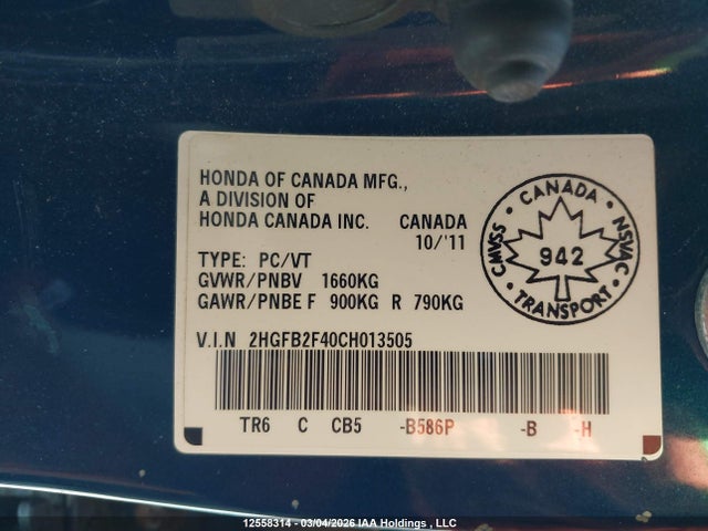 Aukcja sprzedaży 2012 Honda Civic Lx, vin: 2HGFB2F40CH013505, numer aukcji: 12558314