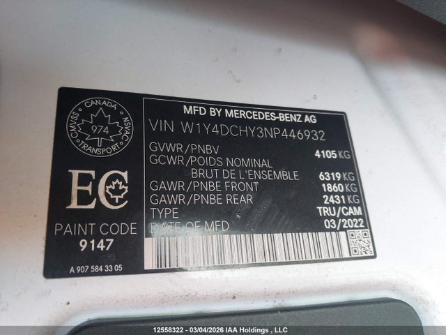 Продаж на аукціоні авто 2022 Mercedes-benz Sprinter 2500, vin: W1Y4DCHY3NP446932, номер лоту: 12558322