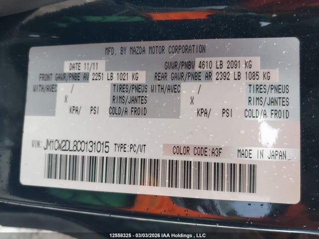 12558325 :رقم المزاد ، JM1CW2DL8C0131015 vin ، 2012 Mazda 5 مزاد بيع