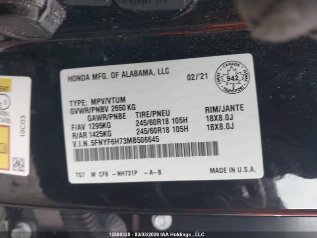 5FNYF6H73MB506645 Honda Pilot