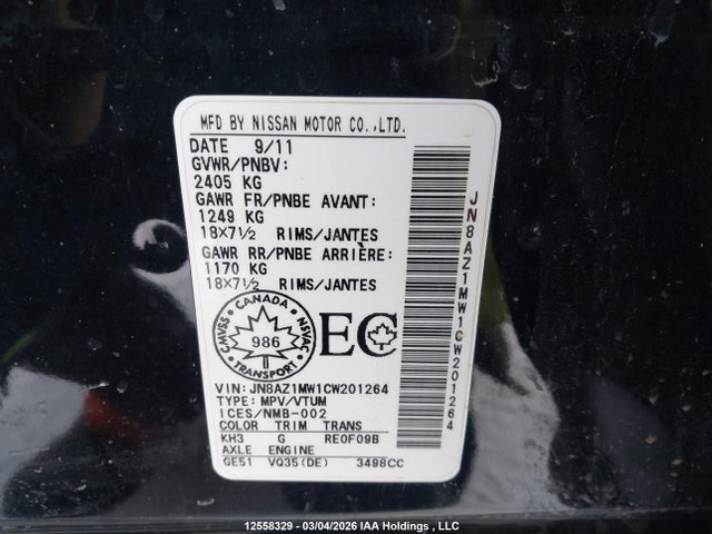 2012 Nissan Murano Sl მანქანა იყიდება აუქციონზე, vin: JN8AZ1MW1CW201264, აუქციონის ნომერი: 12558329