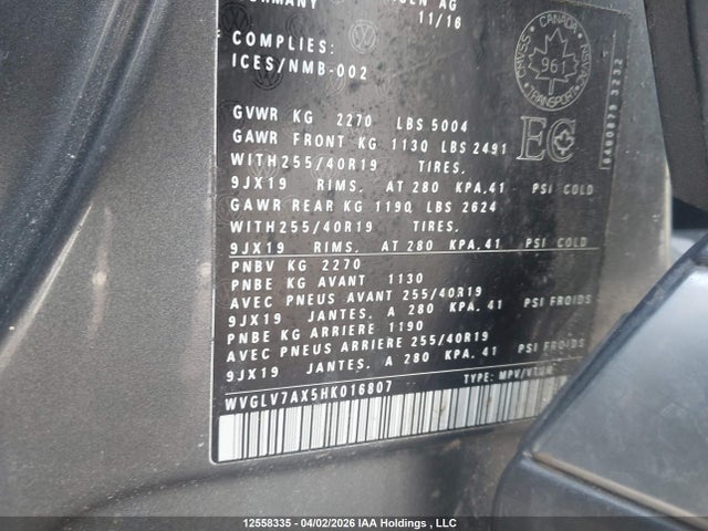 Aukcja sprzedaży 2017 Volkswagen Tiguan Highline, vin: WVGLV7AX5HK016807, numer aukcji: 12558335