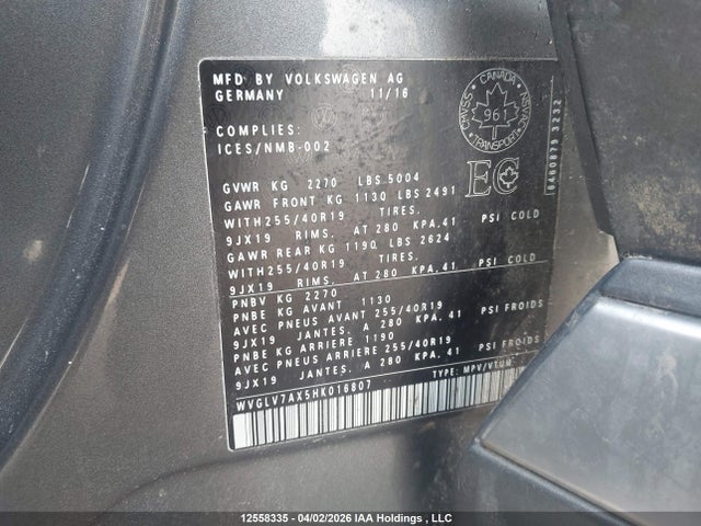 Aukcja sprzedaży 2017 Volkswagen Tiguan Highline, vin: WVGLV7AX5HK016807, numer aukcji: 12558335