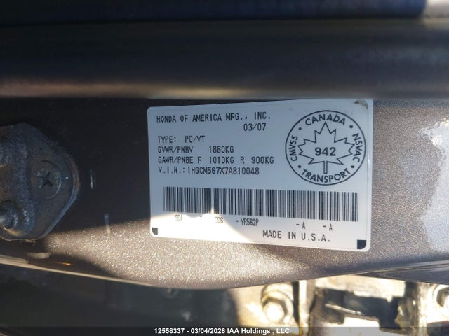 2007 Honda Accord მანქანა იყიდება აუქციონზე, vin: 1HGCM567X7A810048, აუქციონის ნომერი: 12558337