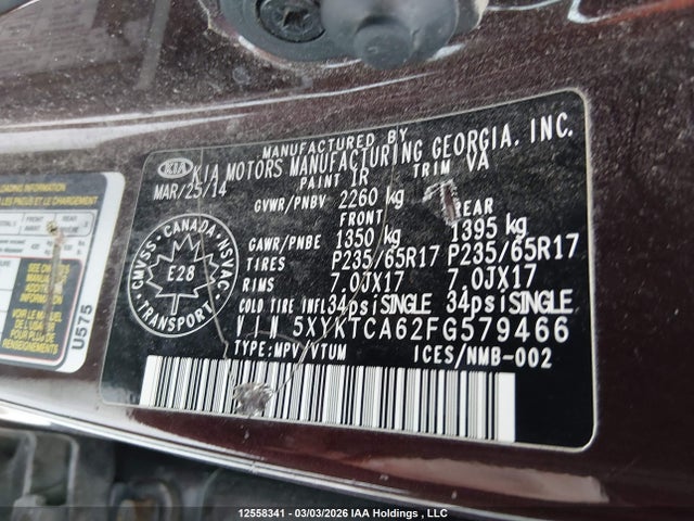 12558341 :رقم المزاد ، 5XYKTCA62FG579466 vin ، 2015 Kia Sorento Lx/lx Premium مزاد بيع