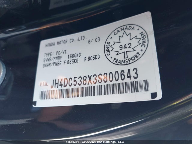 12558351 :رقم المزاد ، JH4DC538X3S800643 vin ، 2003 Acura Rsx Premium مزاد بيع