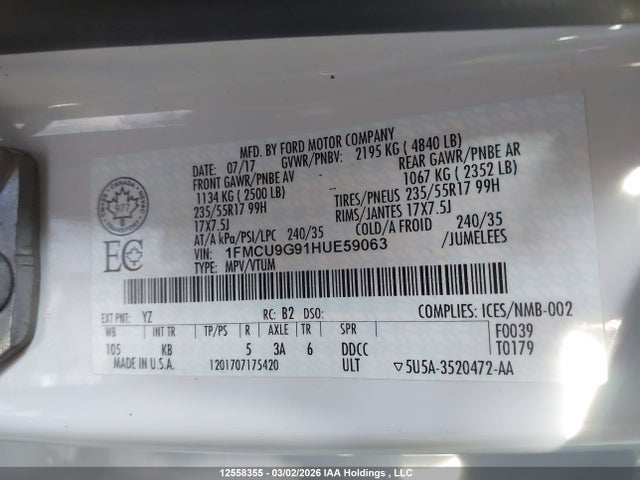 1FMCU9G91HUE59063 Ford ESCAPE SE