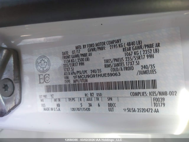 1FMCU9G91HUE59063 Ford ESCAPE SE