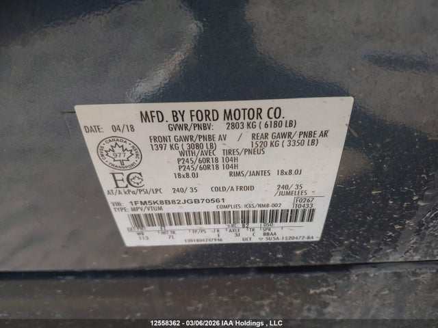 Aukcja sprzedaży 2018 Ford Explorer, vin: 1FM5K8B82JGB70561, numer aukcji: 12558362
