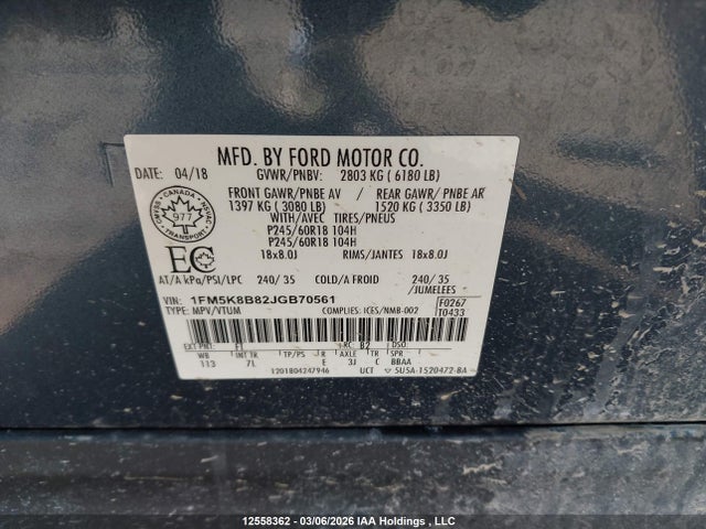 Aukcja sprzedaży 2018 Ford Explorer, vin: 1FM5K8B82JGB70561, numer aukcji: 12558362
