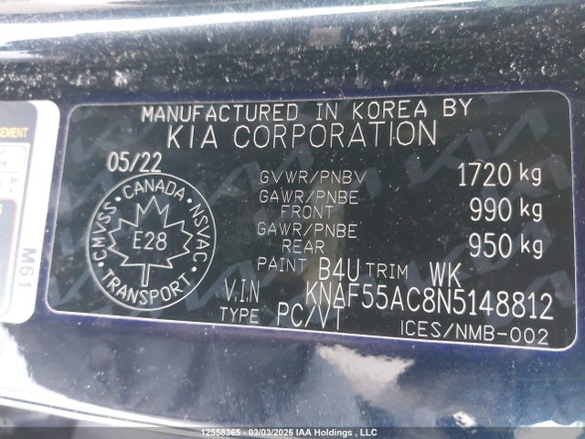 Aukcja sprzedaży 2022 Kia Forte5 Ex, vin: KNAF55AC8N5148812, numer aukcji: 12558365