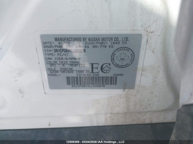12558369 :رقم المزاد ، 3N1CP5BV4LL502678 vin ، 2020 Nissan Kicks S مزاد بيع