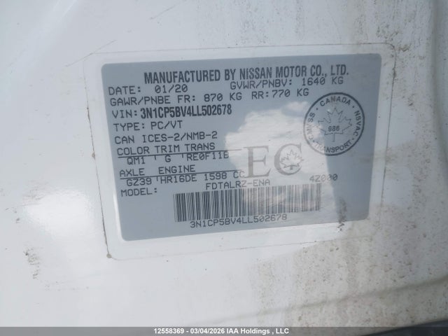 12558369 :رقم المزاد ، 3N1CP5BV4LL502678 vin ، 2020 Nissan Kicks S مزاد بيع
