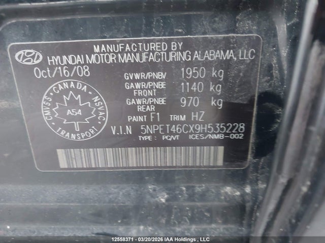 12558371 :رقم المزاد ، 5NPET46CX9H535228 vin ، 2009 Hyundai Sonata مزاد بيع