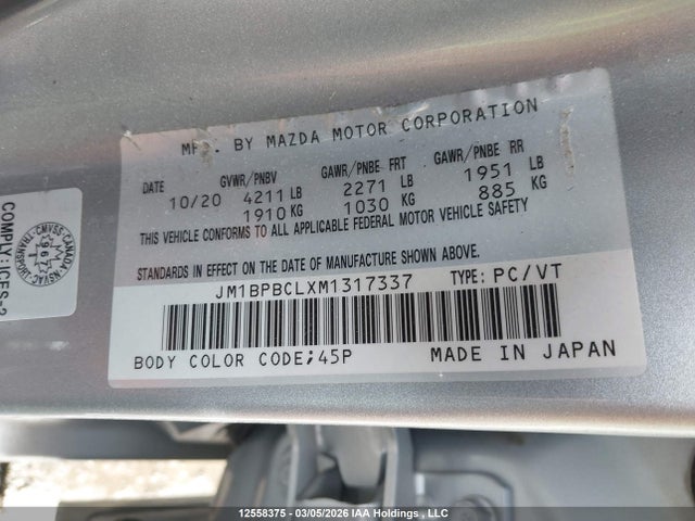 Aukcja sprzedaży 2021 Mazda Mazda3, vin: JM1BPBCLXM1317337, numer aukcji: 12558375