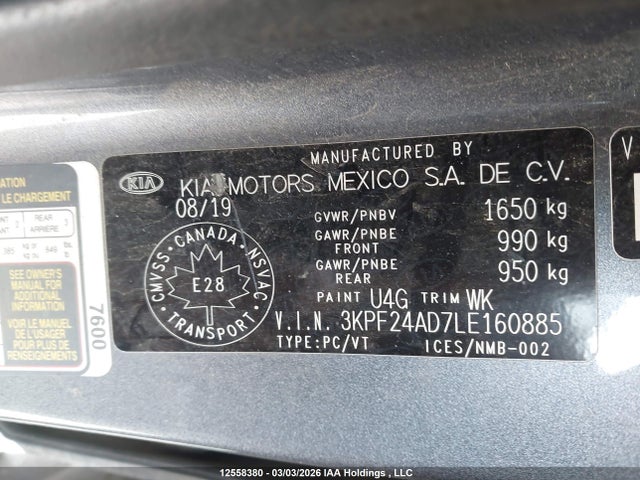 12558380 :رقم المزاد ، 3KPF24AD7LE160885 vin ، 2020 Kia Forte Fe/lxs مزاد بيع