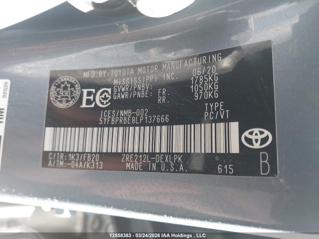Aukcja sprzedaży 2020 Toyota Corolla, vin: 5YFBPRBE8LP137666, numer aukcji: 12558383