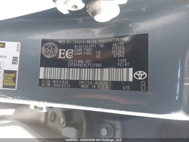 Aukcja sprzedaży 2020 Toyota Corolla, vin: 5YFBPRBE8LP137666, numer aukcji: 12558383