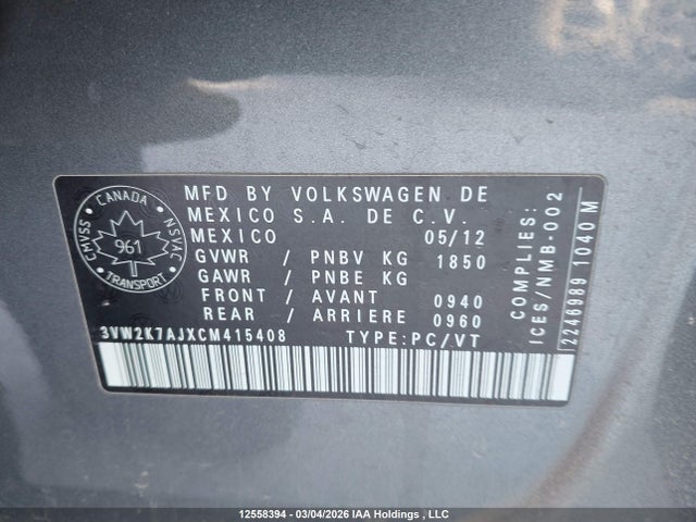 12558394 :رقم المزاد ، 3VW2K7AJXCM415408 vin ، 2012 Volkswagen Jetta S مزاد بيع