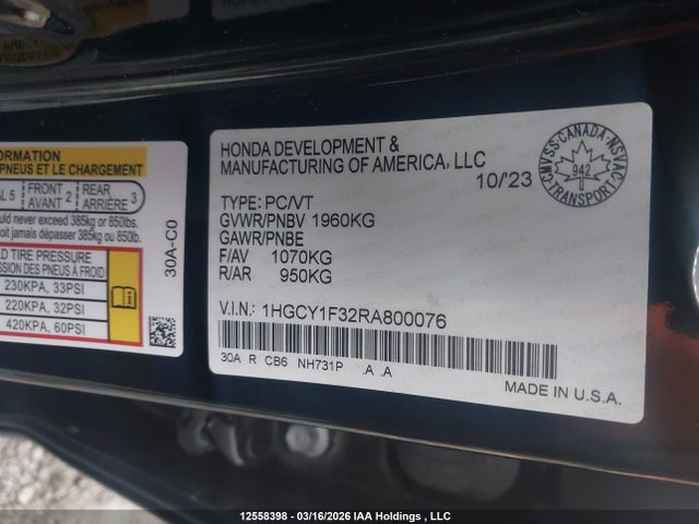 1HGCY1F32RA800076 Honda ACCORD EX