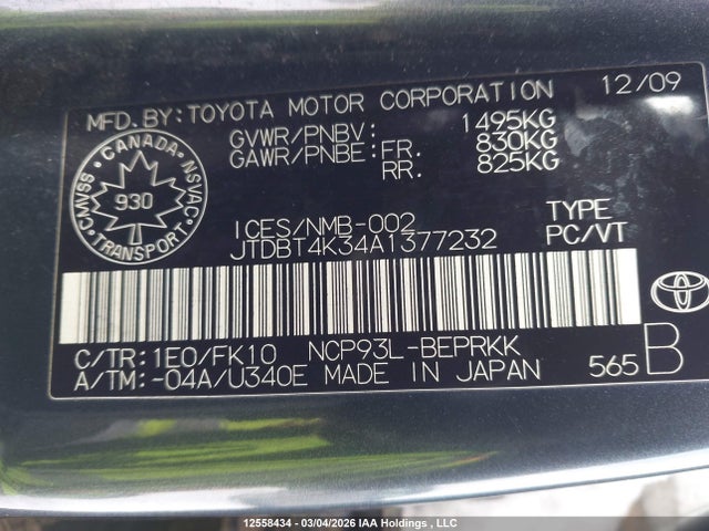 12558434 :رقم المزاد ، JTDBT4K34A1377232 vin ، 2010 Toyota Yaris مزاد بيع
