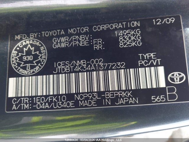 12558434 :رقم المزاد ، JTDBT4K34A1377232 vin ، 2010 Toyota Yaris مزاد بيع