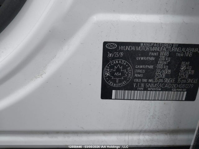 Продажа на аукционе авто 2019 Hyundai Santa Fe Preferred 2.4, vin: 5NMS3CAD2KH081279, номер лота: 12558446