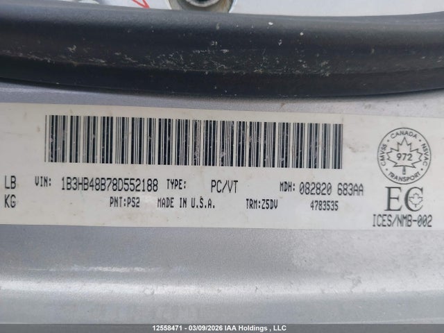 12558471 :رقم المزاد ، 1B3HB48B78D552188 vin ، 2008 Dodge Caliber Sxt مزاد بيع