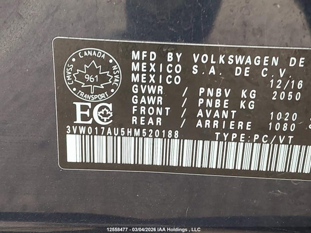 12558477 :رقم المزاد ، 3VW017AU5HM520188 vin ، 2017 Volkswagen Golf Sportwagen S مزاد بيع