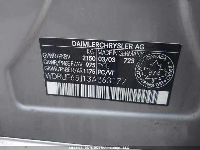 12558484 :رقم المزاد ، WDBUF65J13A263177 vin ، 2003 Mercedes-benz E 320 مزاد بيع