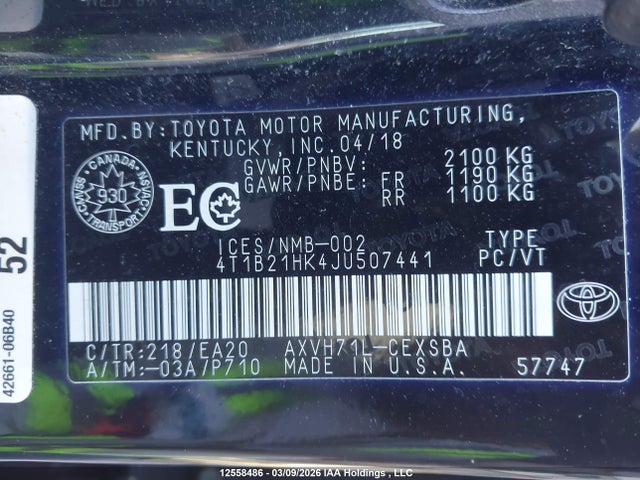 12558486 :رقم المزاد ، 4T1B21HK4JU507441 vin ، 2018 Toyota Camry Hybrid Se مزاد بيع