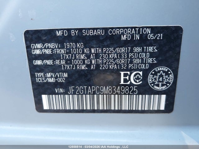 Aukcja sprzedaży 2021 Subaru Crosstrek Touring, vin: JF2GTAPC9M8349825, numer aukcji: 12558514