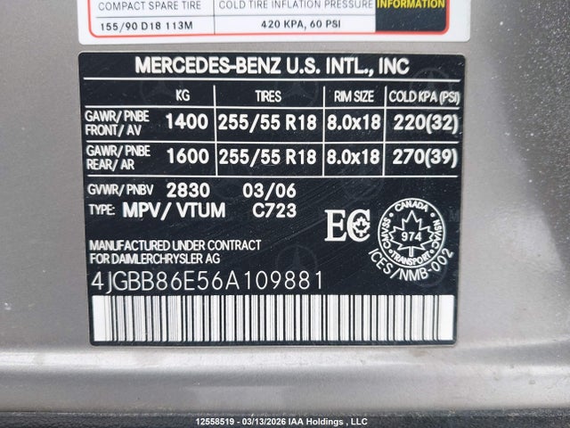 Auction sale of the 2006 Mercedes-benz Ml 350 4matic, vin: 4JGBB86E56A109881, lot number: 12558519